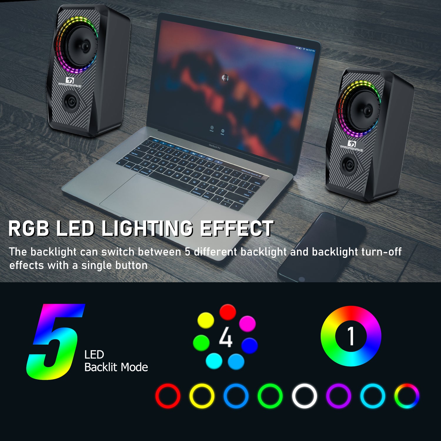 MAMBASNAKE CS-326 Wired RGB Gaming Speaker for PC 2.0 USB Powered Stereo Volume Contro, 6 LED Backlit Modes, USB Powered 3.5mm Aux Portable