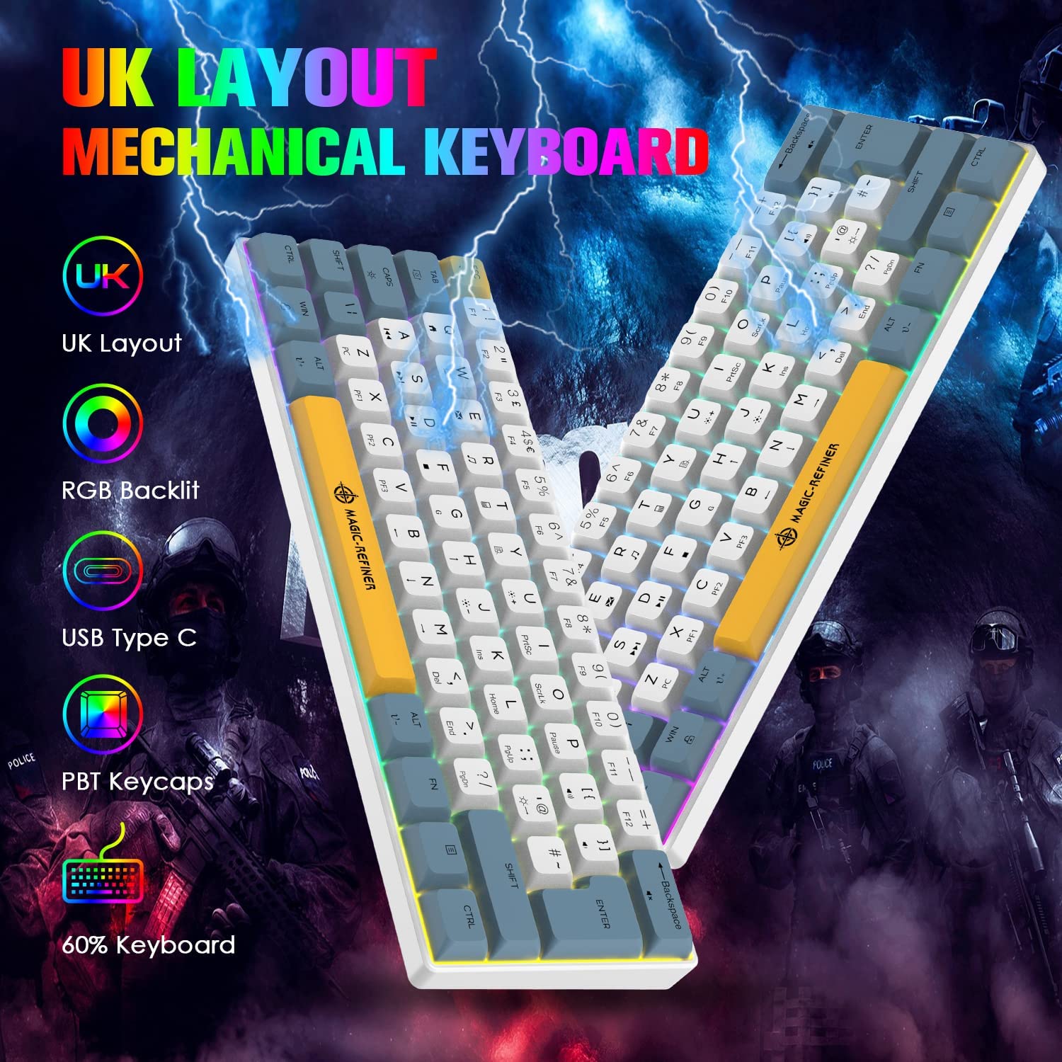 MAGIC-REFINER MK21 UK Layout 60% Mechanical Gaming Keyboard Mini Compact Wired Type C Dye-Sublimation PBT USB Water-resistant 14 Chroma RGB Illuminated