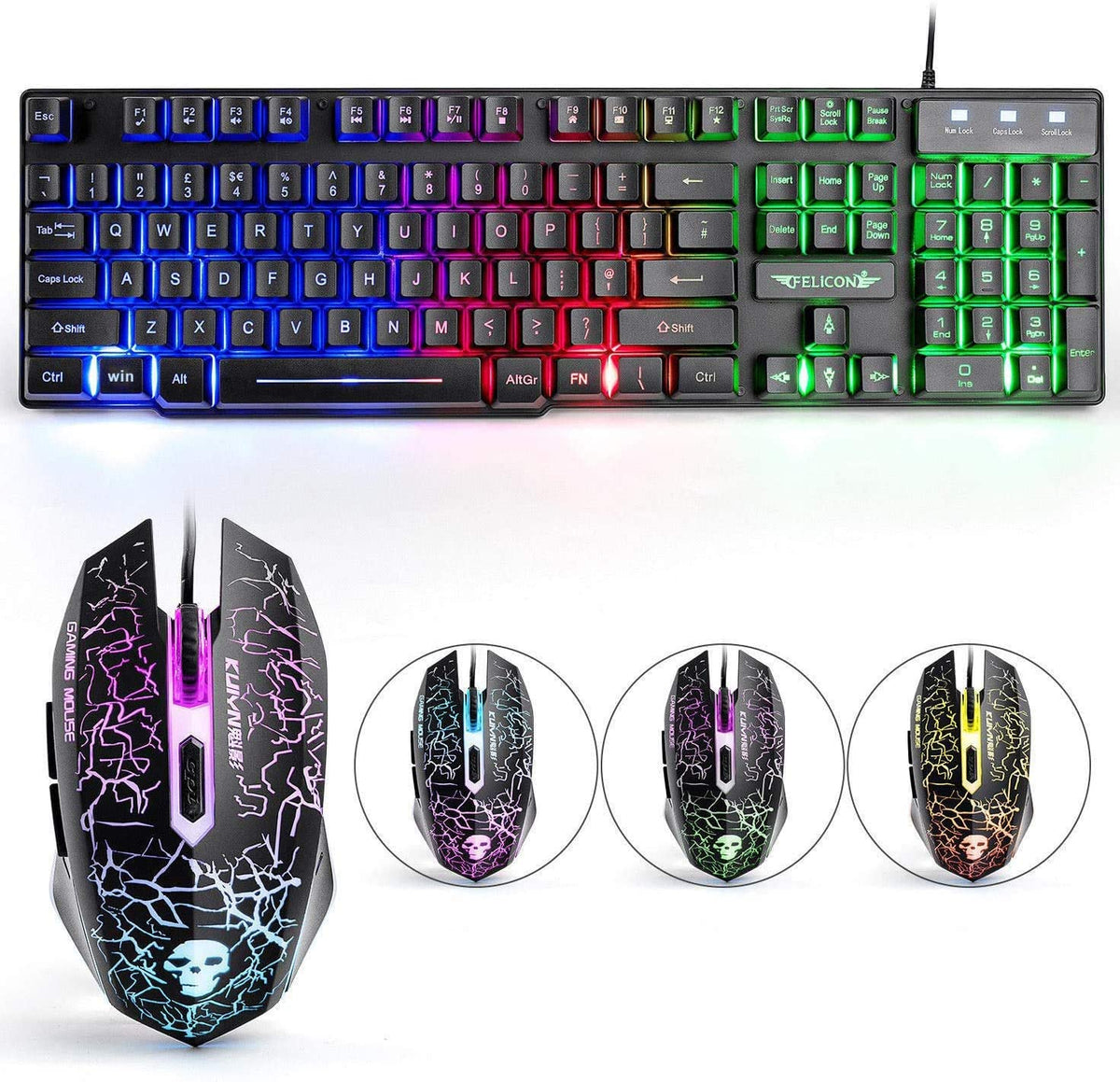 FELiCON T6 UK Layout Gaming Keyboard and Mouse Sets Rainbow Backlit Usb Gaming Keyboard  2400DPI 6 Buttons Optical  Gaming Mouse