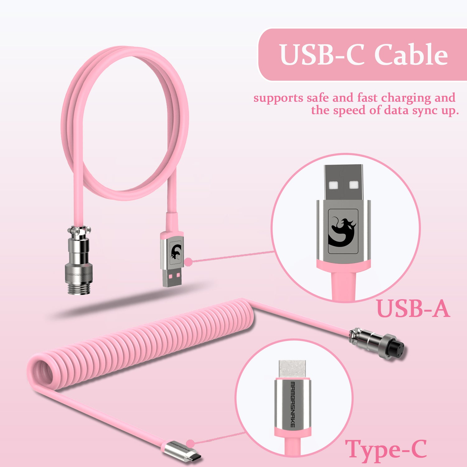 MAMBASNAKE Coiled Gaming Keyboard Cable, Pro Custom USB-C Cable for Mechanical Keyboard, TPU Spring Type-C Cable with Metal Aviation Connector