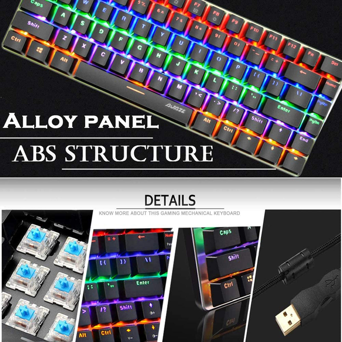 Teclado mecánico para juegos con cable tipo C, interruptor azul mecánico de metal, teclado de computadora con retroiluminación LED de arco iris, 82 teclas, antifantasma para jugadores de computadora