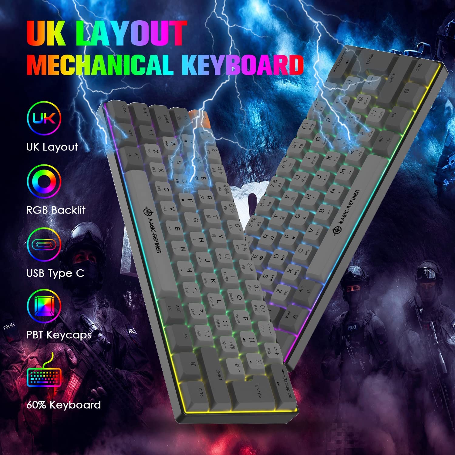 MAGIC-REFINER MK21 UK Layout 60% Mechanical Gaming Keyboard Mini Compact Wired Type C Dye-Sublimation PBT USB Water-resistant 14 Chroma RGB Illuminated