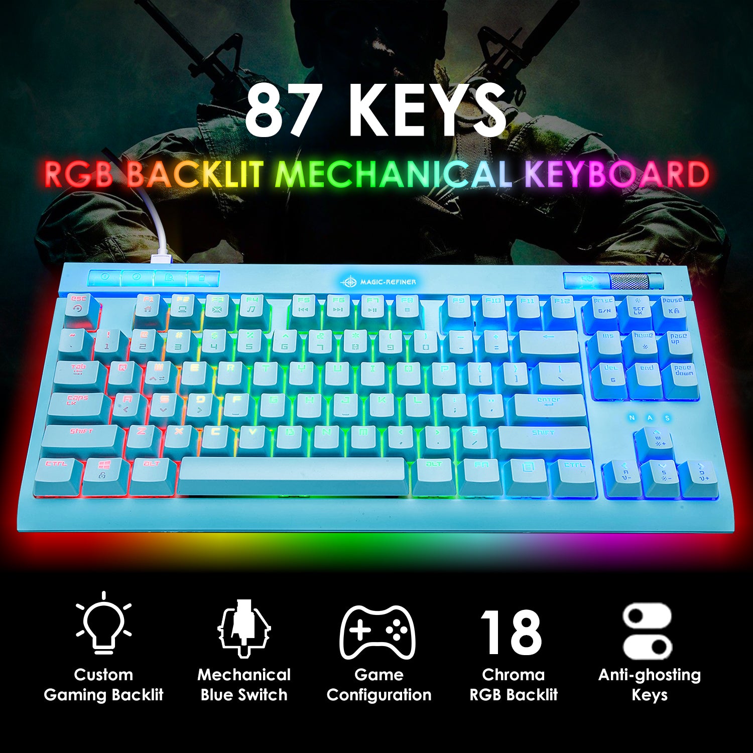 MAGIC-REFINER MK17 87 Key RGB Mechanical Gaming Keyboard, 18  RGB LED Backlit, Multimedia Digital Volume Wheel, full Keys All-ghosting-Blue Switches