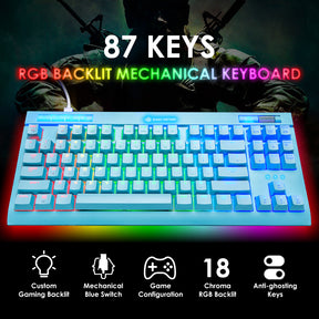 MAGIC-REFINER MK17 87 Key RGB Mechanical Gaming Keyboard, 18  RGB LED Backlit, Multimedia Digital Volume Wheel, full Keys All-ghosting-Blue Switches