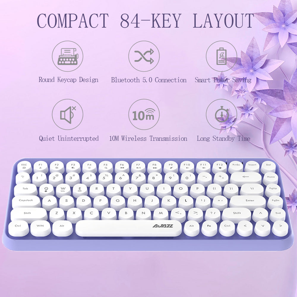 AJAZZ 308i Retro Wireless Keyboard, Cute Round Compact 84 Keys Silent Bluetooth Keyboard, Typewriter Design for iPad, PC, Laptop