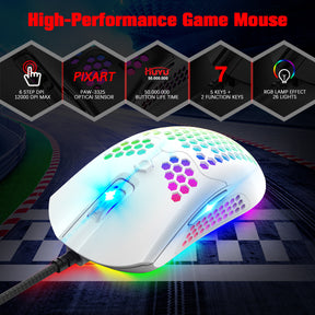 MAMBASNAKE M5 Wired Lightweight Gaming Mouse,26 RGB Backlit Mice with 7 Buttons Programmable Driver,PAW3325 12000DPI Mice, Honeycomb Shell