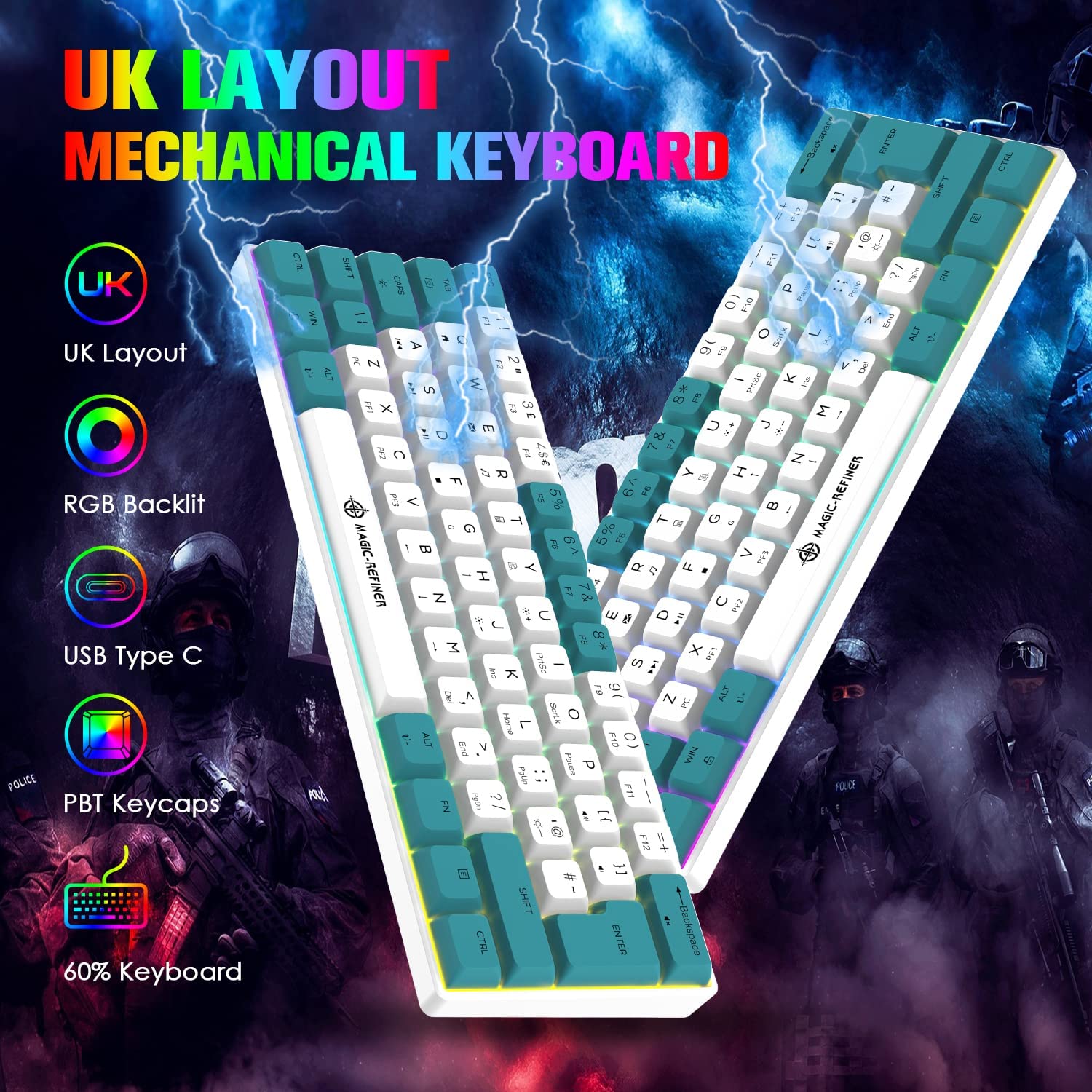 MAGIC-REFINER MK21 UK Layout 60% Mechanical Gaming Keyboard Mini Compact Wired Type C Dye-Sublimation PBT USB Water-resistant 14 Chroma RGB Illuminated