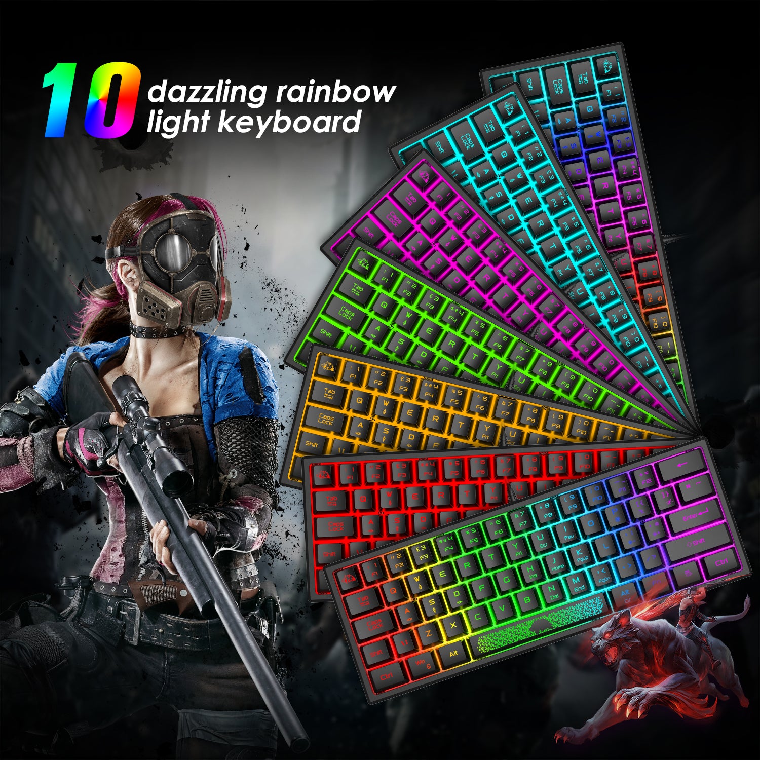 ZIYOU LANG K61 - 60% Compact Gaming Keyboard and Mouse Set UK Layout Ultralight 12000 DPI Breathable LED Honeycomb Shell Mouse