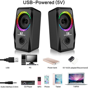 MAMBASNKAE CS-326Wired RGB Computer Speakers,2.0 Channel PC Stereo Speaker with 6 Colorful LED Modes