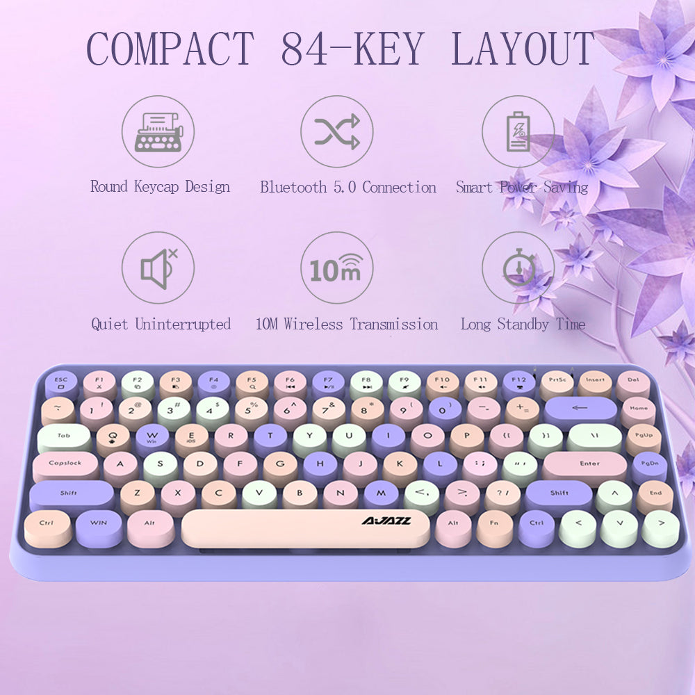 AJAZZ 308i Retro Wireless Keyboard, Cute Round Compact 84 Keys Silent Bluetooth Keyboard, Typewriter Design for iPad, PC, Laptop