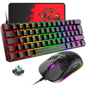 ZIYOU LANG T60 Keyboard Mouse Set, 60% Compact 62 Key USB C Backlit Mechanical Gaming Keyboard, 6400DPI RGB Gaming Mouse, Mice Pad