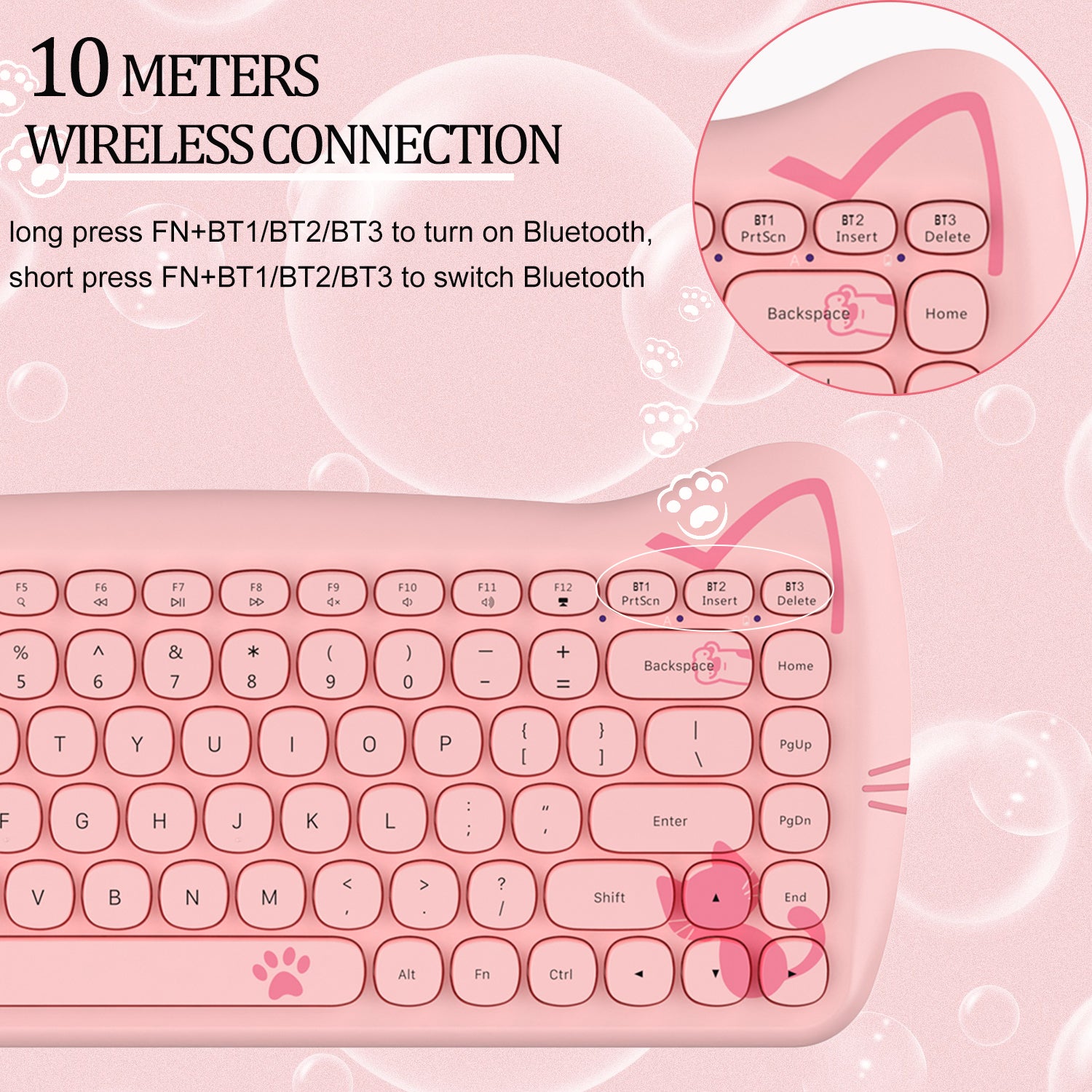 AJAZZ 3060i Wireless Cute Computer Keyboard Lovely Cat Silent Office Bluetooth Keyboard Retro Round Matte Texture Keycap for iPad Laptop