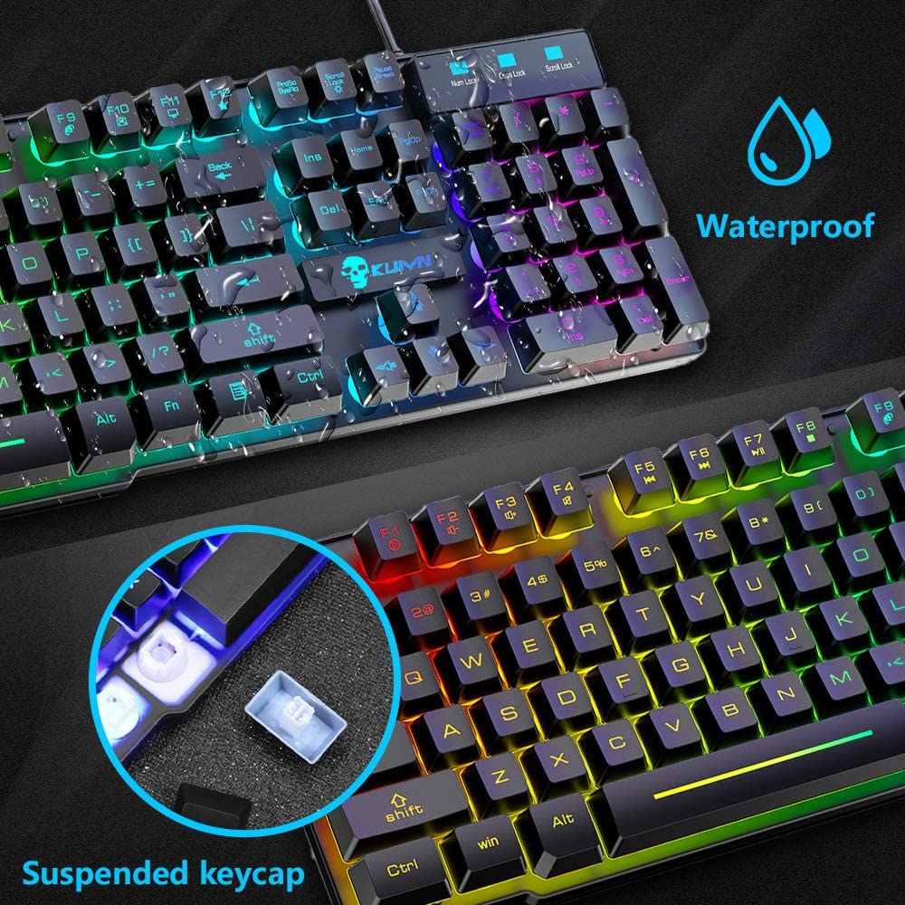 KUIYN T6 Wired Keyboard Mouse Combo 12 Chroma RGB Backlit Mechanical Feel Gaming Keyboard+2400DPI 6 Buttons LED Gaming Mouse+Mouse Pad