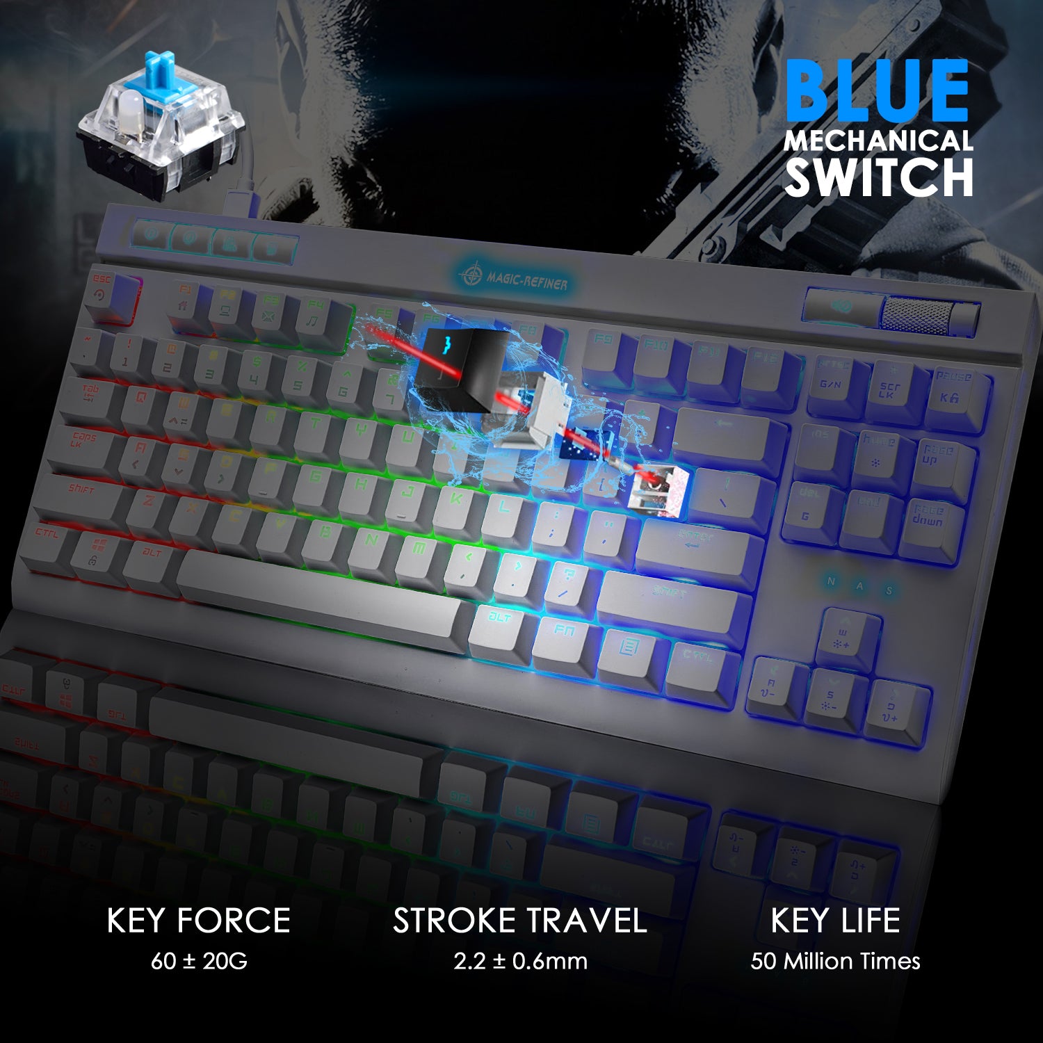 MAGIC-REFINER MK17 87 Key RGB Mechanical Gaming Keyboard, 18  RGB LED Backlit, Multimedia Digital Volume Wheel, full Keys All-ghosting-Blue Switches