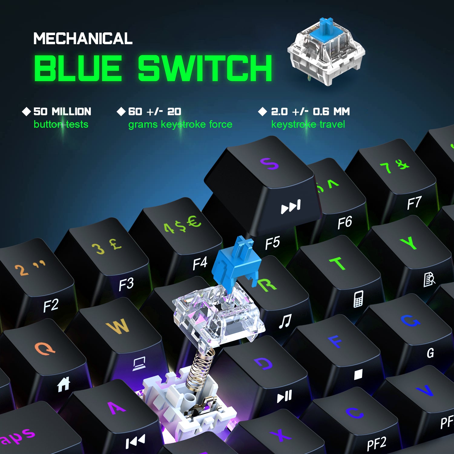 MAGIC-REFINER MK22 Compact 60% Mechanical Gaming Keyboard with all key Anti-ghosting , 61 Key Rainbow RGB Backlit Metal Plate Type-C