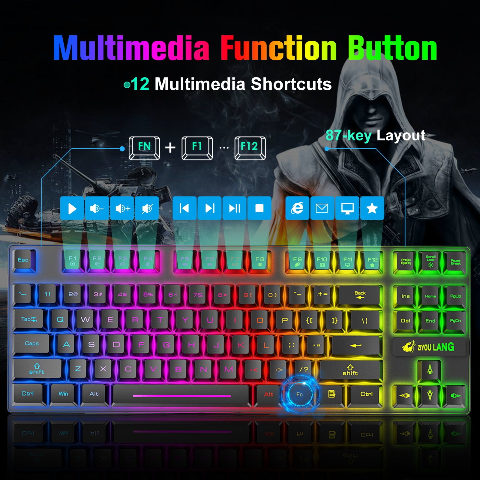 ZIYOU LANG T87 Wireless Gaming Keyboard and Mouse Combo with 87 Key Rainbow LED Backlight Rechargeable 3800mAh Battery Mechanical Feel Anti-ghosting Ergonomic Waterproof RGB Mute Mice for Computer PC Gamer (Black)