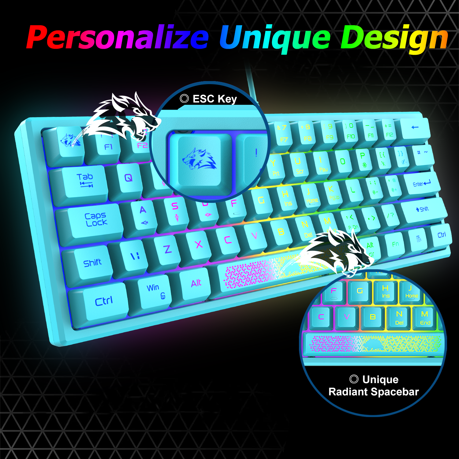 ZIYOU LANG K61 - 60% Compact Gaming Keyboard and Mouse Set UK Layout Ultralight 12000 DPI Breathable LED Honeycomb Shell Mouse