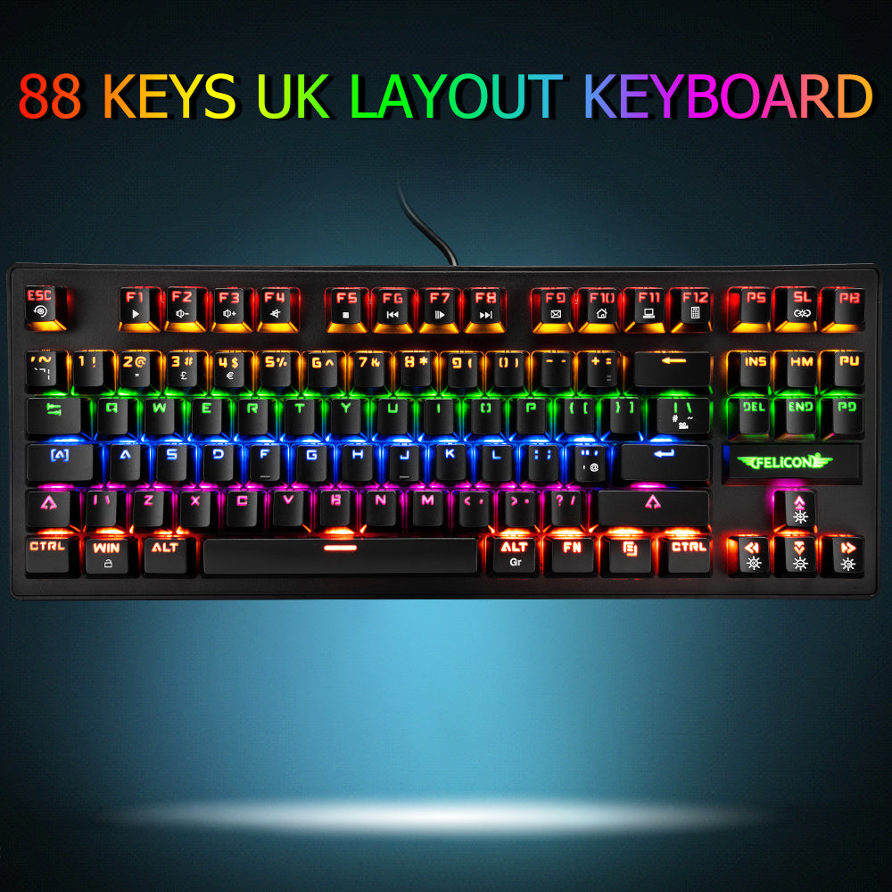 FELiCON K2 Wired 80% Percent Mechanical Gaming Keyboard UK Layout Rainbow Light Up Keyboard Compact 88 Keys Ergonomic for PC Mac