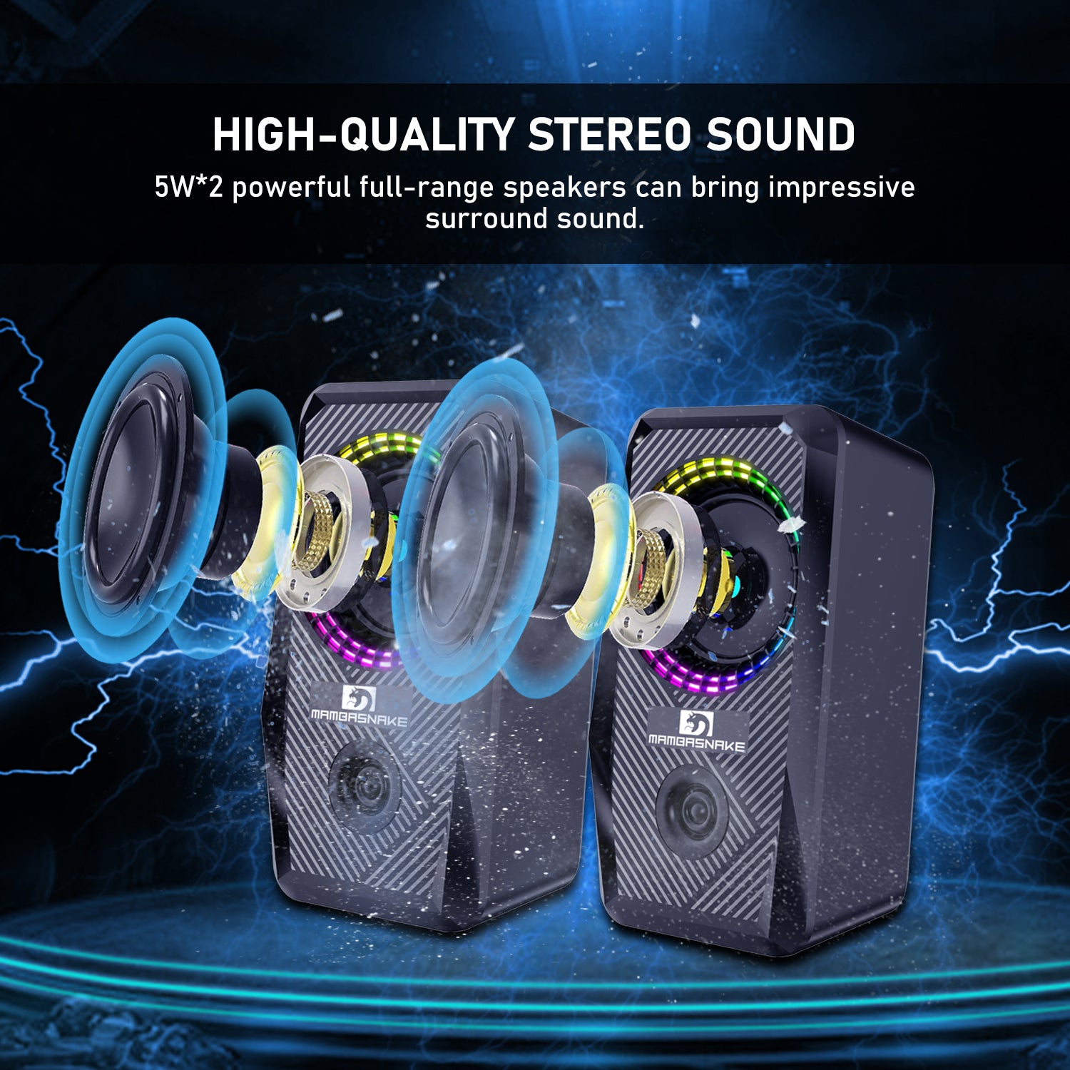 MAMBASNAKE CS-326 Wired RGB Gaming Speaker for PC 2.0 USB Powered Stereo Volume Contro, 6 LED Backlit Modes, USB Powered 3.5mm Aux Portable