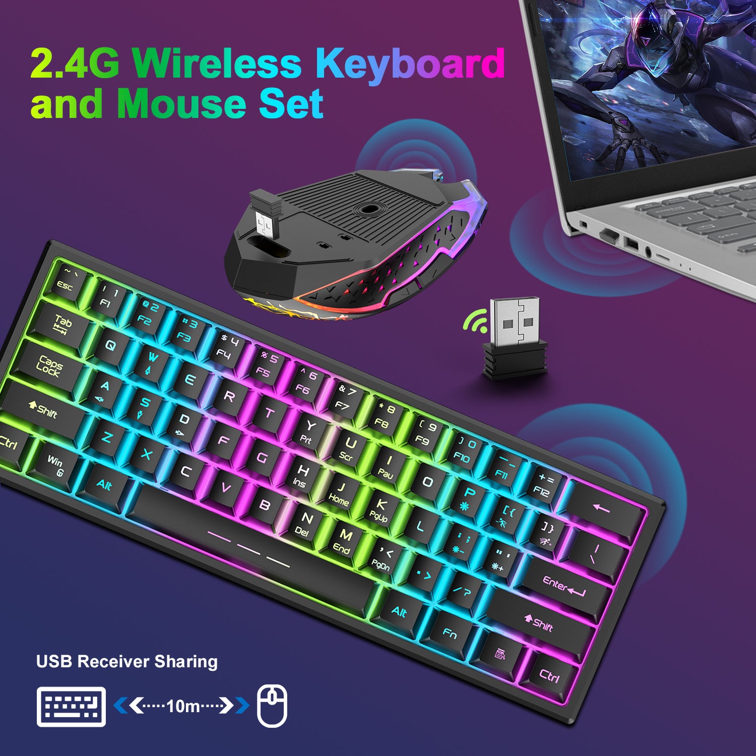 ZIYOU LANG T61 60% Ultra Compact Wireless Gaming Keyboard and Mouse Set with Mousepad 2400 DPI Rainbow Backlit 3800 mAh Rechargeable