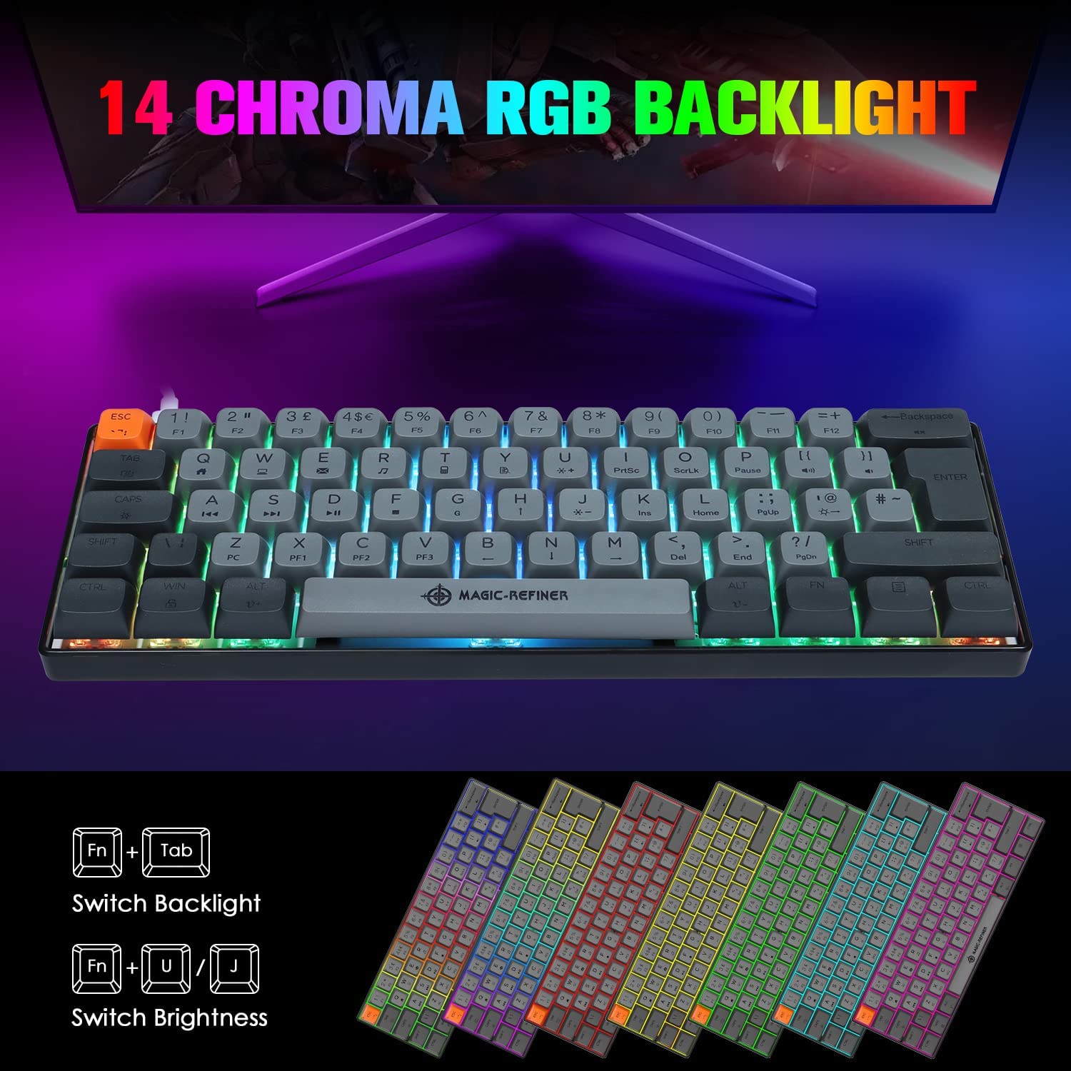 MAGIC-REFINER MK21 UK Layout 60% Mechanical Gaming Keyboard Mini Compact Wired Type C Dye-Sublimation PBT USB Water-resistant 14 Chroma RGB Illuminated