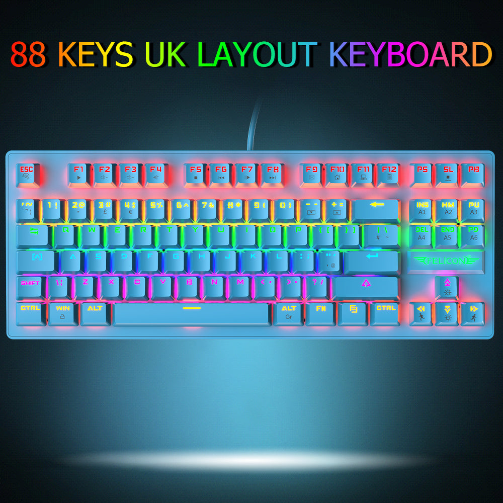 FELiCON K2 Wired 80% Percent Mechanical Gaming Keyboard UK Layout Rainbow Light Up Keyboard Compact 88 Keys Ergonomic for PC Mac