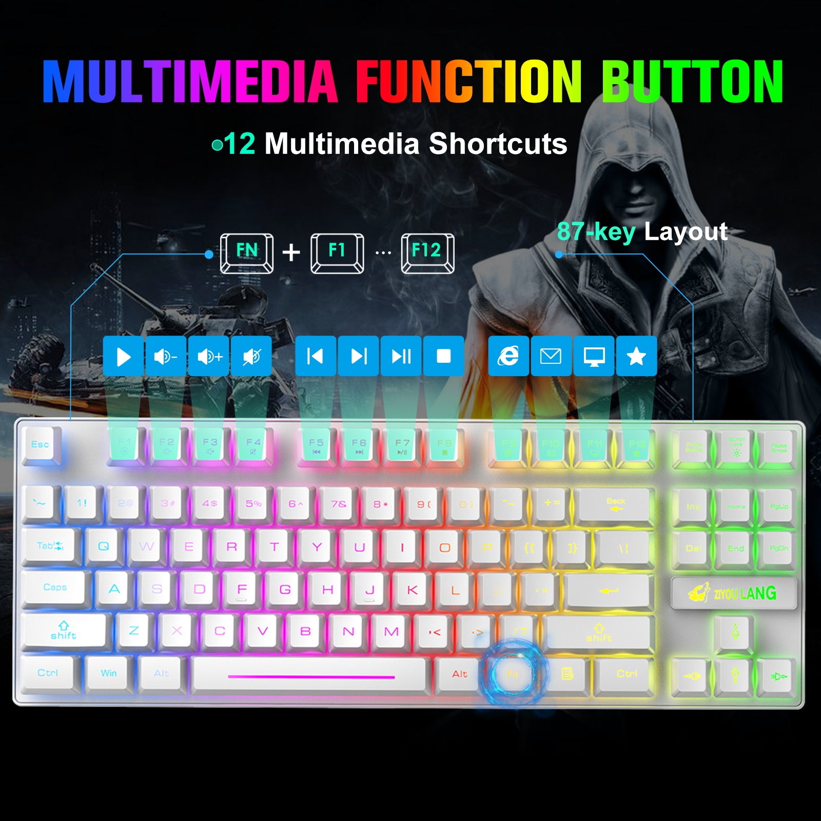 ZIYOU LANG T87 Wireless Gaming Keyboard and Mouse Combo with 87 Key Rainbow LED Backlight Rechargeable 3800mAh Battery Mechanical Feel Anti-ghosting Ergonomic Waterproof RGB Mute Mice for Computer PC Gamer (Black)