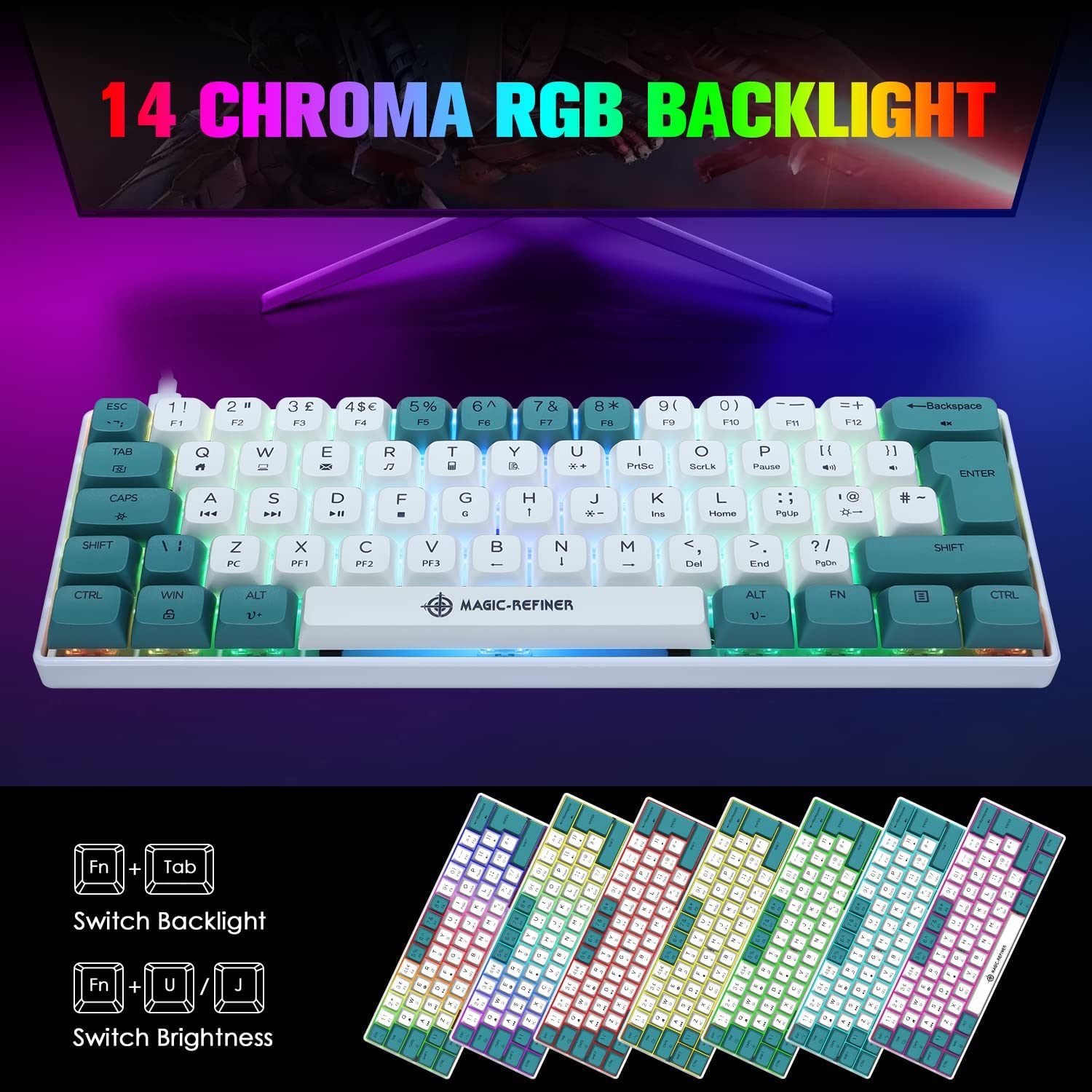 MAGIC-REFINER MK21 UK Layout 60% Mechanical Gaming Keyboard Mini Compact Wired Type C Dye-Sublimation PBT USB Water-resistant 14 Chroma RGB Illuminated