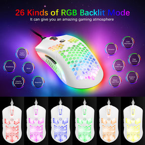 MAMBASNAKE M5 Wired Lightweight Gaming Mouse,26 RGB Backlit Mice with 7 Buttons Programmable Driver,PAW3325 12000DPI Mice, Honeycomb Shell