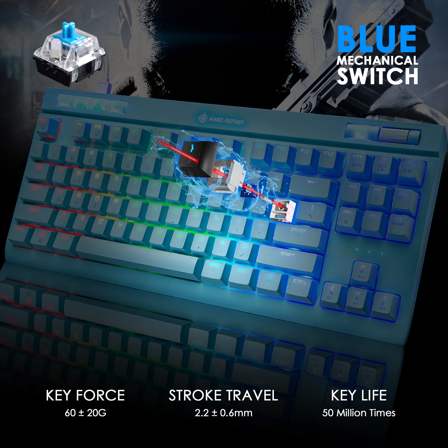 MAGIC-REFINER MK17 87 Key RGB Mechanical Gaming Keyboard, 18  RGB LED Backlit, Multimedia Digital Volume Wheel, full Keys All-ghosting-Blue Switches