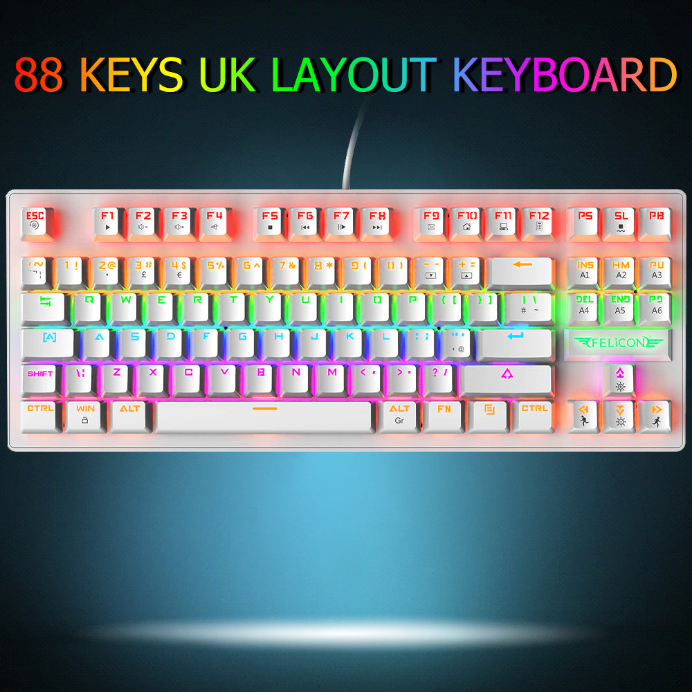 FELiCON K2 Wired 80% Percent Mechanical Gaming Keyboard UK Layout Rainbow Light Up Keyboard Compact 88 Keys Ergonomic for PC Mac