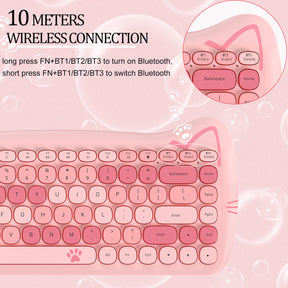 AJAZZ 3060i Wireless Cute Computer Keyboard Lovely Cat Silent Office Bluetooth Keyboard Retro Round Matte Texture Keycap for iPad Laptop