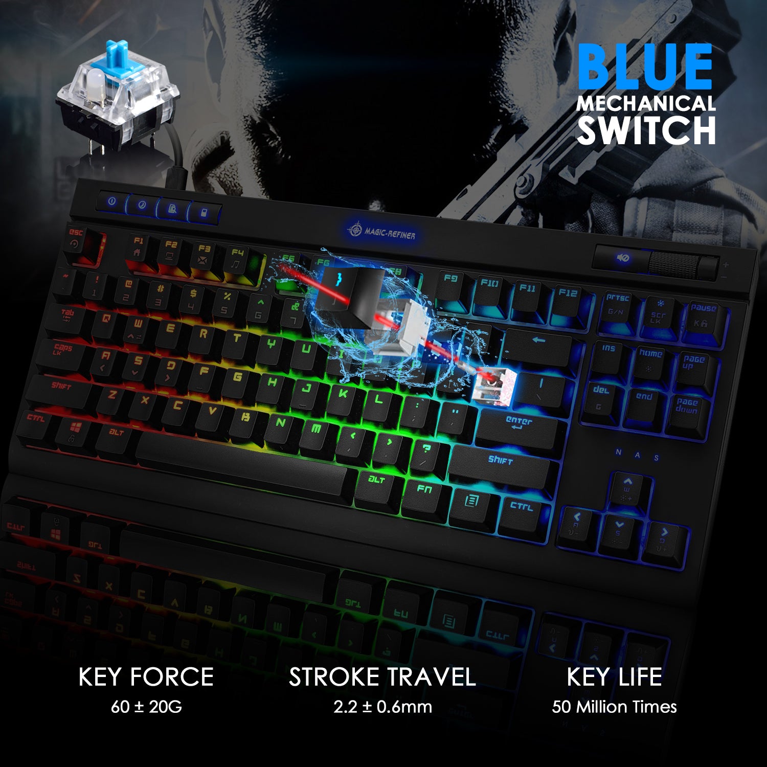 MAGIC-REFINER MK17 87 Key RGB Mechanical Gaming Keyboard, 18  RGB LED Backlit, Multimedia Digital Volume Wheel, full Keys All-ghosting-Blue Switches