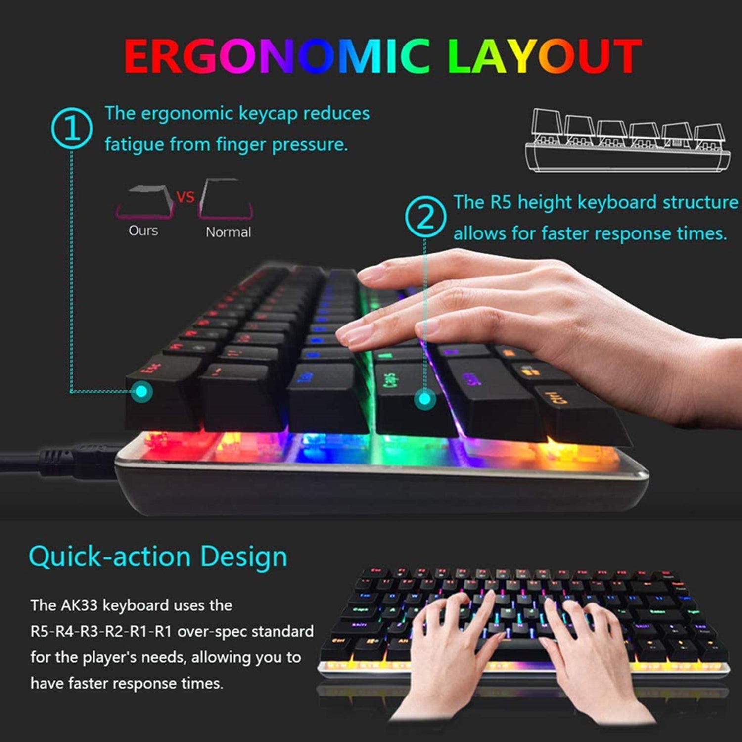 AJAZZ AK33 Gaming Mechanical Keyboard Type-C Computer Keyboard with Rainbow LED Backlit 82keys Anti-ghosting, Blue Switch