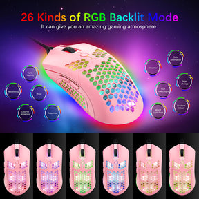 MAMBASNAKE M5 Wired Lightweight Gaming Mouse,26 RGB Backlit Mice with 7 Buttons Programmable Driver,PAW3325 12000DPI Mice, Honeycomb Shell