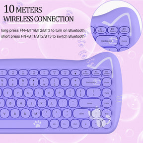 AJAZZ 3060i Wireless Cute Computer Keyboard Lovely Cat Silent Office Bluetooth Keyboard Retro Round Matte Texture Keycap for iPad Laptop