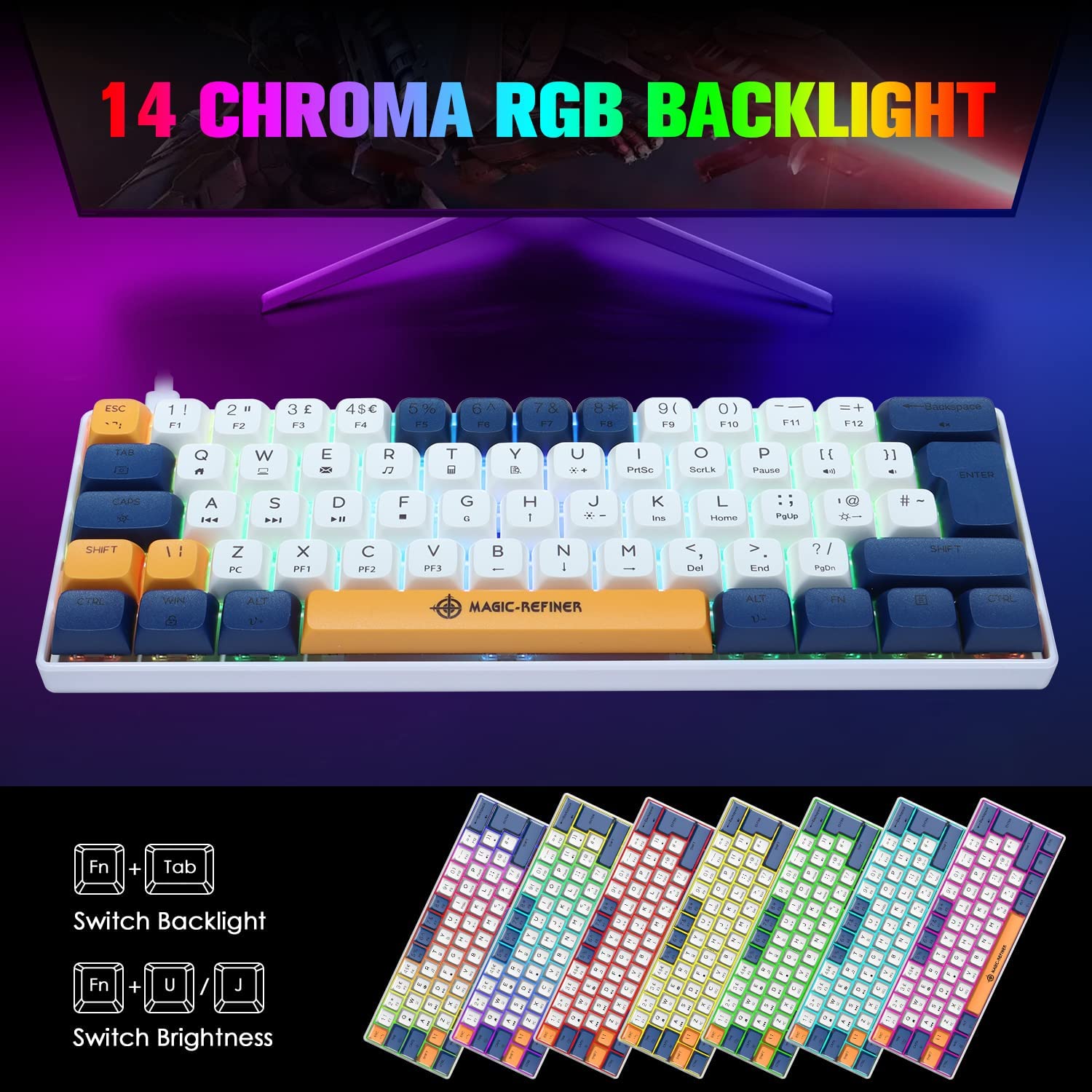 MAGIC-REFINER MK21 UK Layout 60% Mechanical Gaming Keyboard Mini Compact Wired Type C Dye-Sublimation PBT USB Water-resistant 14 Chroma RGB Illuminated