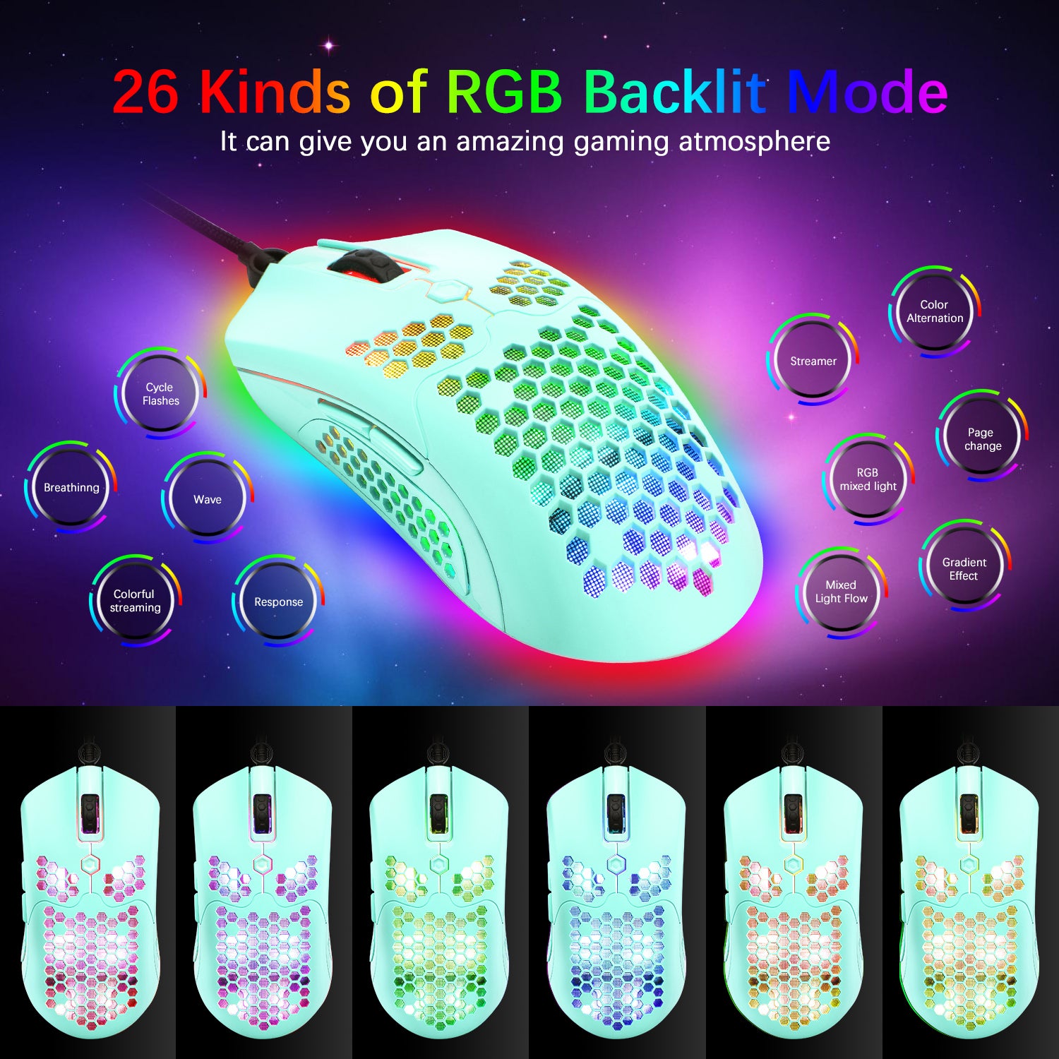 MAMBASNAKE M5 Wired Lightweight Gaming Mouse,26 RGB Backlit Mice with 7 Buttons Programmable Driver,PAW3325 12000DPI Mice, Honeycomb Shell