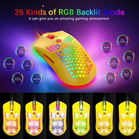 MAMBASNAKE M5 Wired Lightweight Gaming Mouse,26 RGB Backlit Mice with 7 Buttons Programmable Driver,PAW3325 12000DPI Mice, Honeycomb Shell