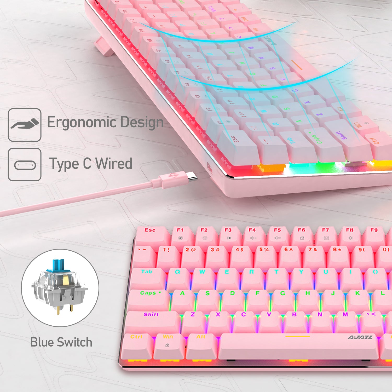 AJAZZ AK33 Gaming Mechanical Keyboard Type-C Computer Keyboard with Rainbow LED Backlit 82keys Anti-ghosting, Blue Switch