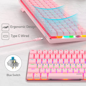 AJAZZ AK33 Gaming Mechanical Keyboard Type-C Computer Keyboard with Rainbow LED Backlit 82keys Anti-ghosting, Blue Switch