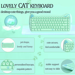 AJAZZ 3060i Wireless Cute Computer Keyboard Lovely Cat Silent Office Bluetooth Keyboard Retro Round Matte Texture Keycap for iPad Laptop