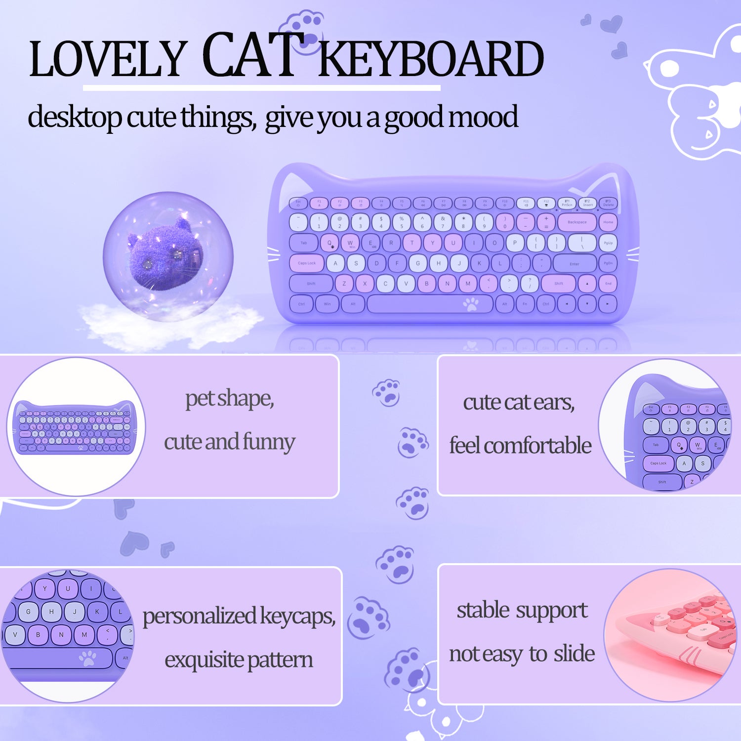 AJAZZ 3060i Wireless Cute Computer Keyboard Lovely Cat Silent Office Bluetooth Keyboard Retro Round Matte Texture Keycap for iPad Laptop