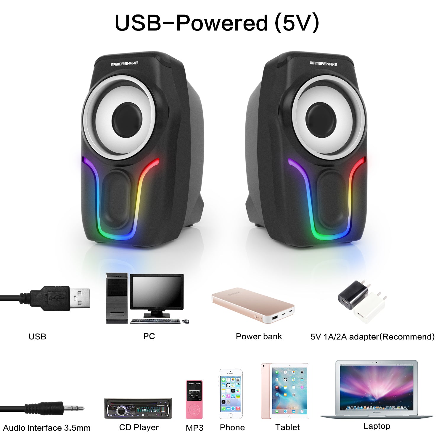 MAMBASNAKE CS-225 Stereo Volume Control Gaming Computer Speakers with 6 RGB Backlit Effect,USB Powered Wired Laptop Speakers with 3.5mm