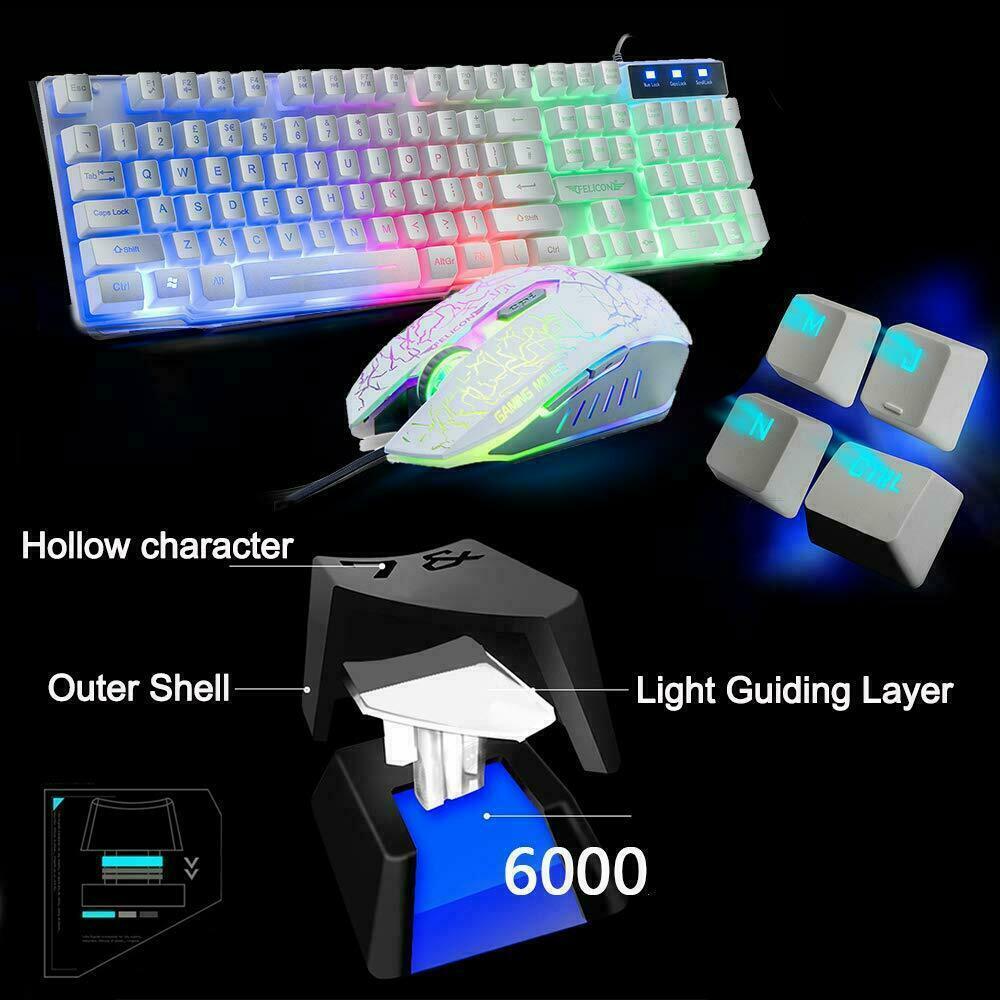 KUIYN T6 Wired Mechanical Feel Gaming Keyboard Rainbow LED 104 Keys USB illuminated light up+2400DPI 6 Buttons Optical Gaming Mouse Mice+Mouse Pad