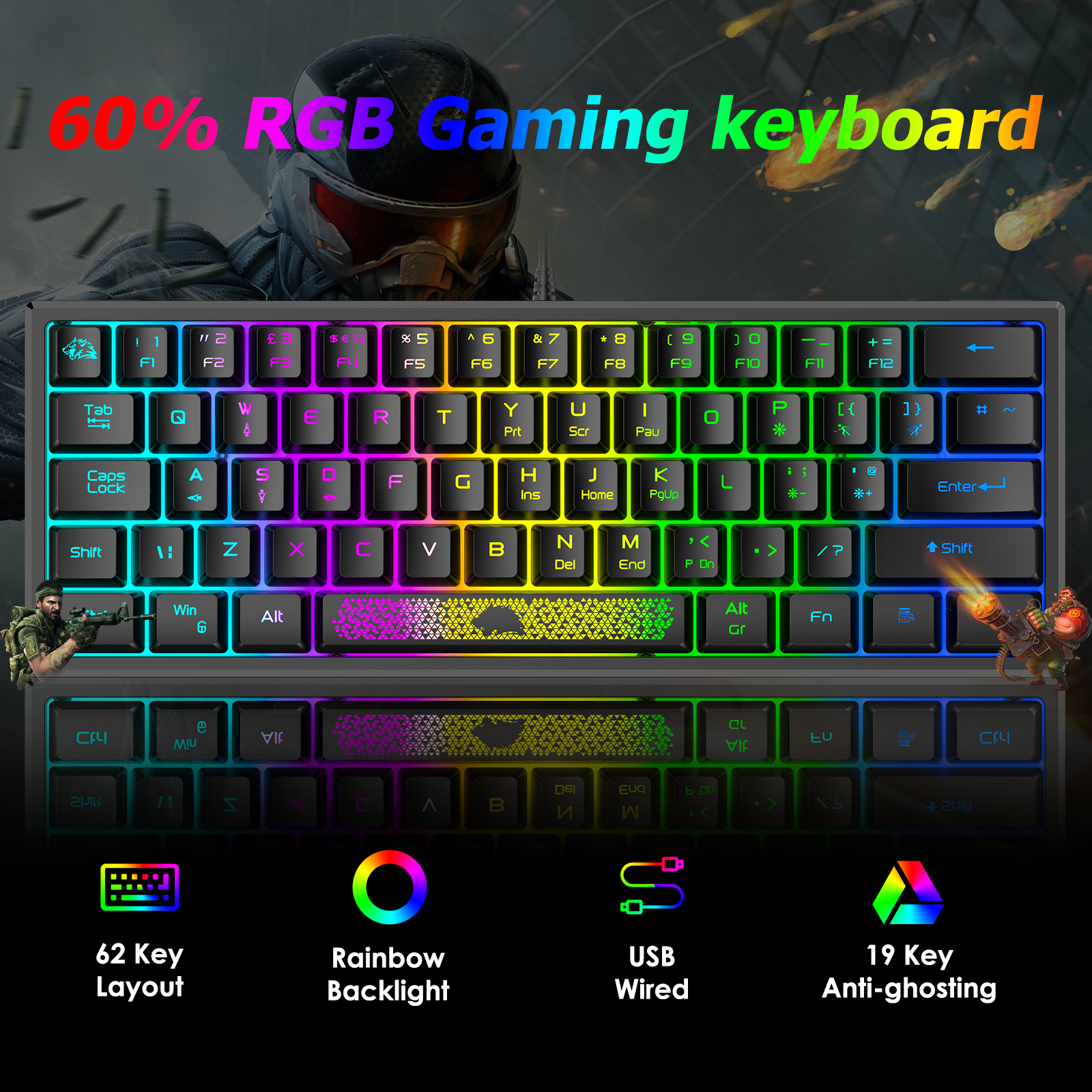 ZIYOU LANG K61 - 60% Compact Gaming Keyboard and Mouse Set UK Layout Ultralight 12000 DPI Breathable LED Honeycomb Shell Mouse