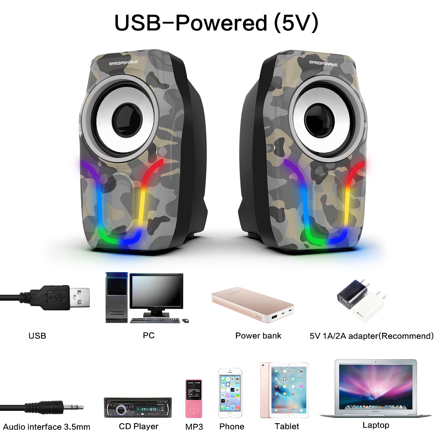 MAMBASNAKE CS-225 Stereo Volume Control Gaming Computer Speakers with 6 RGB Backlit Effect,USB Powered Wired Laptop Speakers with 3.5mm