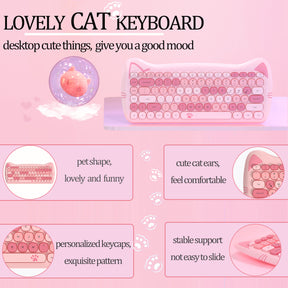 AJAZZ 3060i Wireless Cute Computer Keyboard Lovely Cat Silent Office Bluetooth Keyboard Retro Round Matte Texture Keycap for iPad Laptop