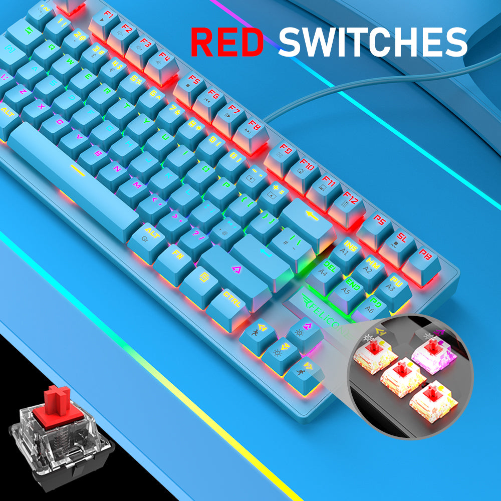 FELiCON K2 Wired 80% Percent Mechanical Gaming Keyboard UK Layout Rainbow Light Up Keyboard Compact 88 Keys Ergonomic for PC Mac