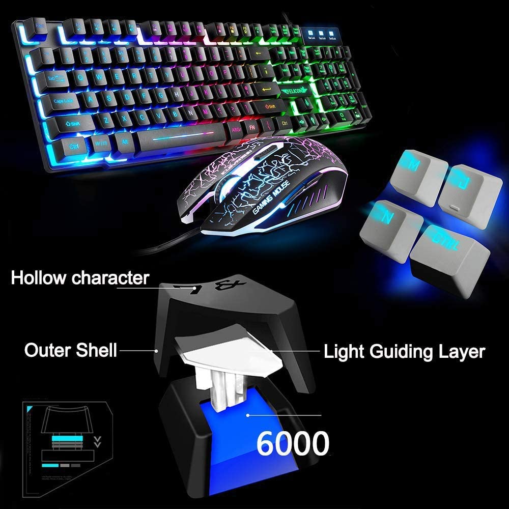 FELiCON T6 UK Layout Gaming Keyboard and Mouse Sets Rainbow Backlit Usb Gaming Keyboard  2400DPI 6 Buttons Optical  Gaming Mouse